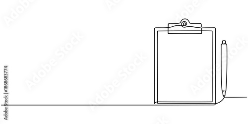 Continuous one line drawing of clipboard and pen design. clipboard with Good Marks with pass direction with tick mark. correction of error.. On white background.