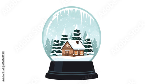 a picturesque winter scene is captured within a classic glass snow globe featuring a cozy cabin nestled amongst snow covered evergreen trees