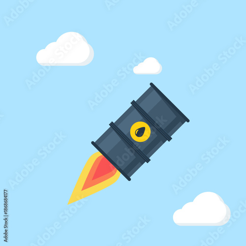 Crude oil barrels soaring upward, symbolizing record-high prices. Modern flat vector illustration representing energy market surge, oil trading, and global commodity trends.