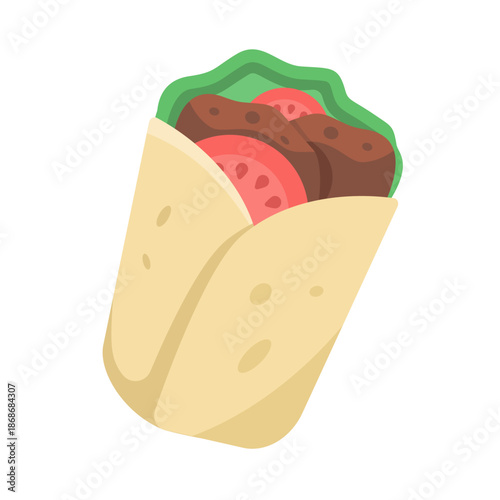 Colorful vector illustration of a sandwich wrap filled with fresh lettuce, tomato, and meat. Ideal for food design, restaurant menus, fast food branding, and culinary marketing visuals.