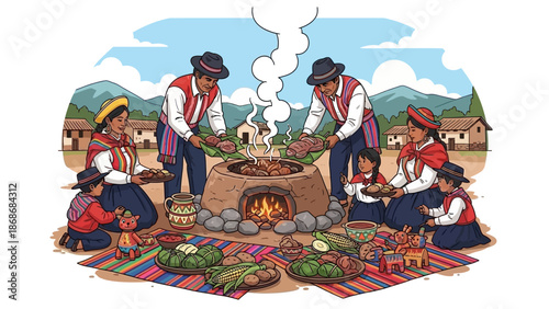 Traditional Andean family cooking outdoors in village