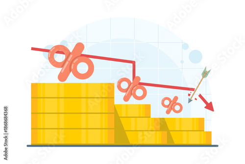 Illustration showing arrows hitting a descending graph. Symbol of inflation impact, stock market decline, financial instability, and economic crisis in flat vector style.