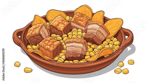 Delicious pork belly with crispy skin served on corn and potatoes