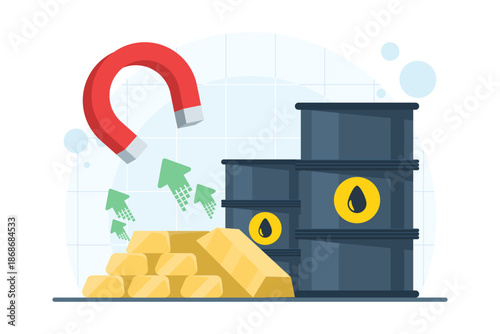 Illustration of rising gold and oil prices featuring oil tank and gold bar attracted by a magnet. Energy and commodity market growth concept on isolated background.