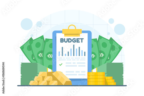 Vector illustration of budget analysis with clipboard, money, and gold bars. Concept of financial review, budgeting strategy, and investment planning on isolated background.