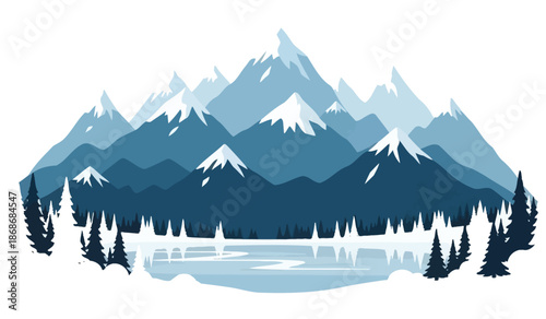 a serene landscape showcases majestic snow capped mountains reflecting beautifully on a tranquil lake surrounded by evergreen trees and forests