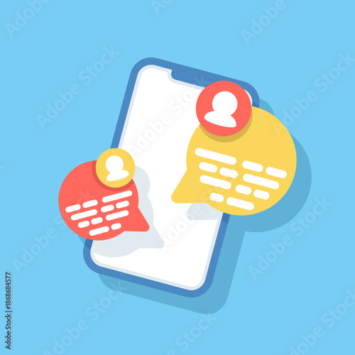 New chat message notification on smartphone screen with SMS bubbles. Illustration of people chatting, mobile communication, instant messaging, and social interaction concept.