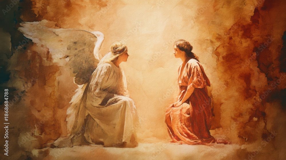 Fototapeta premium Angel in white robe and woman in red dress in spiritual encounter amidst ethereal light.