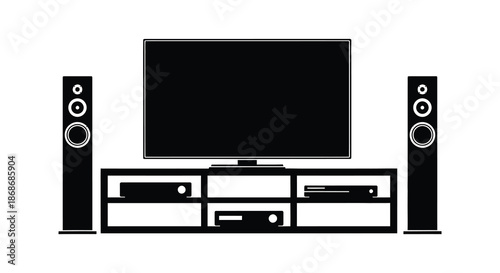 a modern home theater setup featuring a flat screen tv and stereo speakers silhouette