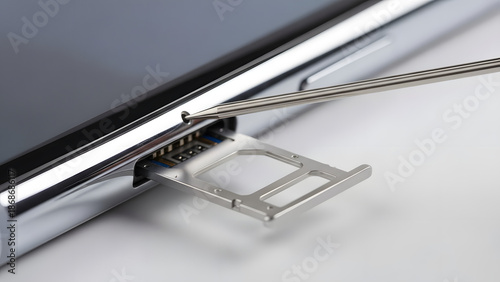 Close-up of smartphone SIM card tray being removed with tweezers