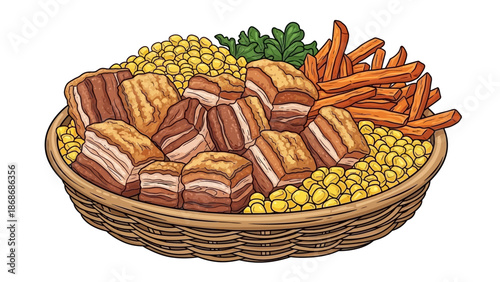 Delicious pork belly with crispy fries and corn in a basket