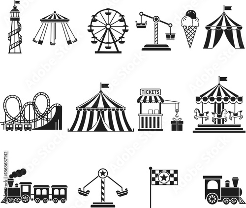 Vintage carnival and amusement park icons featuring rides, tents, roller coasters, trains, games, and fair attractions in silhouette style