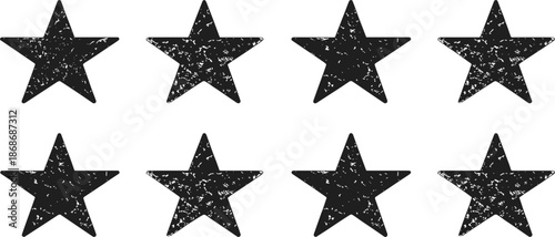 Set of black distressed star silhouettes with grunge texture for rustic award and vintage patriotic design concept