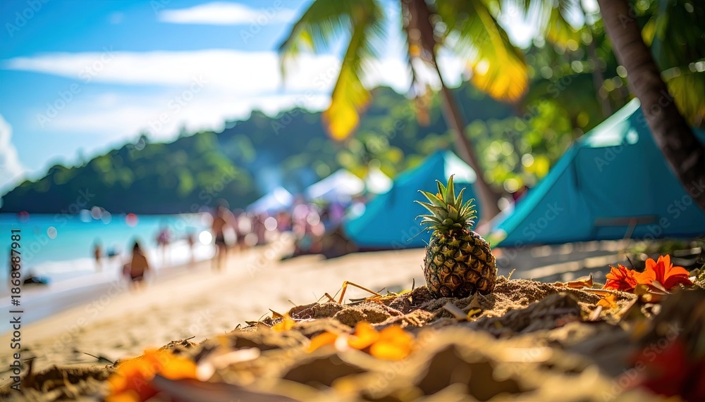 Fototapeta premium pineapple on tropical beach with palm trees