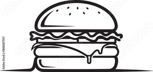 Continuous One Line Drawing Classic Burger Cheese Lettuce Fast Food Logo Minimalist Vector Thick Black Outline White Background Hamburger Icon Design Restaurant Menu Illustration
