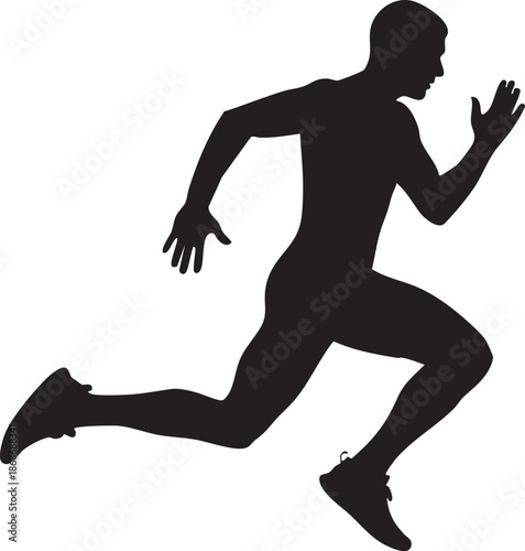 Black silhouette of a person running with one leg extended forward and arms swinging athletic