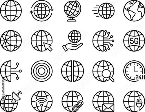 Global network and internet technology line icon set featuring world connectivity data communication digital infrastructure concepts