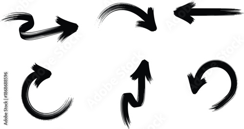 Set of black hand-drawn arrow silhouettes with brush stroke texture for directional movement and rough design concept