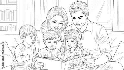 Family reading together on sofa in living room .