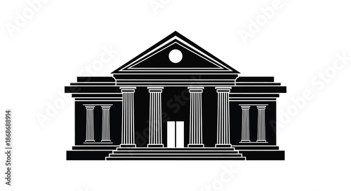 A striking black and white image of a classical building with prominent columns a distinctive silhouette