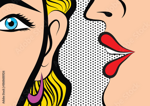 Hand drawn illustration of two women whispering to each other, sharing a secret. Concept of gossip, friendship, communication, curiosity, and social interaction