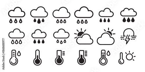 Weather forecast icons, rain clouds, sun, thermometer symbols, black line art.