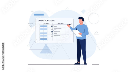 Man planning schedule, checking tasks on a to-do list board, business organization concept.