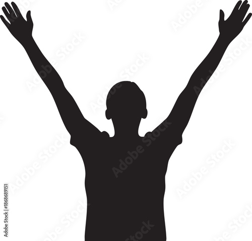 Black silhouette of a person with arms raised against a white background