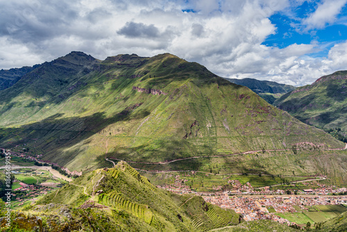 Scenic view overlooking the lush green landscape of the Sacred Valley of the Incas. View from Pisac Archaeological Site