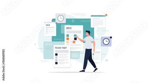 Man planning tasks and schedule with digital interface and clock icons