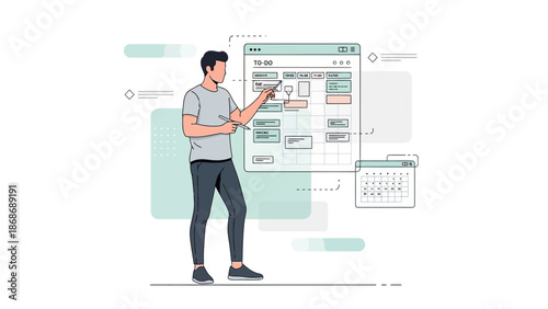 Man planning tasks on digital to-do list and calendar, project management concept