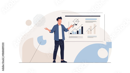 Man presenting business growth chart and lightbulb idea on whiteboard