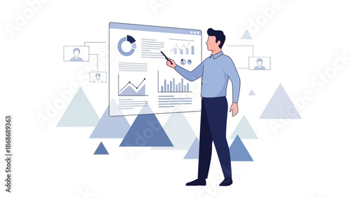 Man presenting data analytics on a digital dashboard with charts and graphs