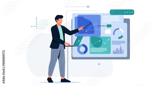 Man presenting data analytics on a futuristic digital dashboard with charts and graphs