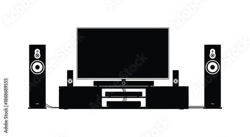 A modern home entertainment setup featuring a flat screen tv and surround sound speakers silhouette