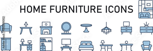 Home, furniture, icons, vector, illustration, sketch, outline, chair, bed, desk, lamp, mirror, wardrobe, sofa, decor, table, chandelier, fireplace, shelf, television, layout