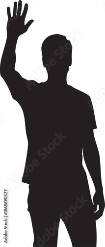 Black silhouette of person raising hand in short sleeve shirt and shorts human white