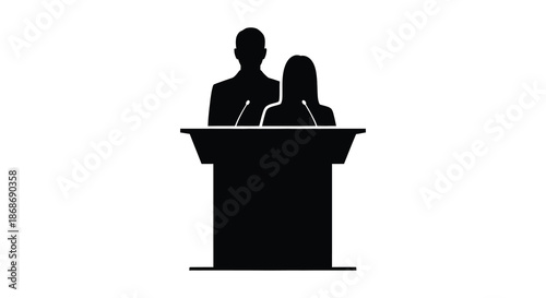 A striking black silhouette depicts a couple standing behind a podium presenting or speaking together silhouette