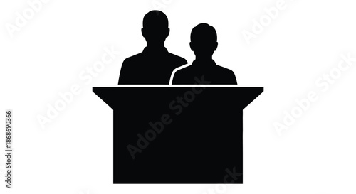 A striking black silhouette of two people standing behind a podium presenting or speaking to an audience silhouette