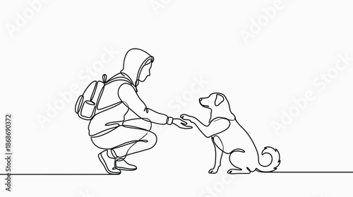 Human and Dog Interaction Line Drawing Vector Featuring Squatting Pose and Paw Shake for Pet Bonding, Lifestyle Design, and Emotional Connection Projects