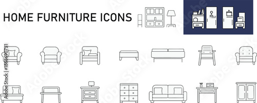 Home, furniture, icons, vector, illustration, sketch, outline, chair, sofa, table, lamp, bed, shelf, ottoman, desk, dresser, decor, interior, layout, minimalist, modern