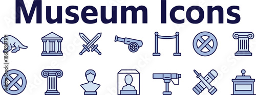 Museum, icons, vector, illustration, sketch, outline, bust, sword, cannon, column, telescope, gavel, building, exhibit, history, culture, science, podium, barrier, portrait, artifact
