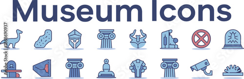 Museum, icons, vector, illustration, sketch, outline, dinosaur, fossil, artifact, column, statue, helmet, sculpture, Buddha, gear, camera, alarm, science, history, culture, security