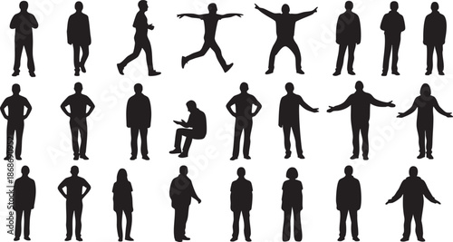Black silhouettes of people in various poses and activities