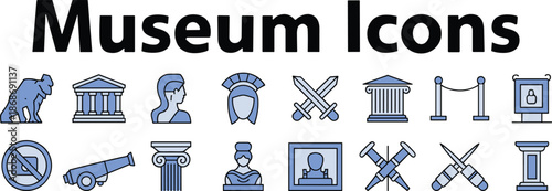 Museum, icons, vector, illustration, sketch, outline, statue, bust, sword, column, cannon, helmet, building, artwork, barrier, sculpture, history, exhibit, portrait, archaeology, culture
