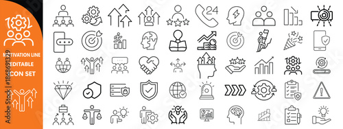 Motivation line editable icon set. Containing personal growth, goal setting, perseverance, achievement, teamwork, passion, thumbs up, and more. Vector illustration. 