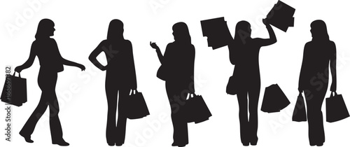 Five black silhouette women shopping carrying multiple shopping bags