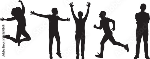 Five black silhouettes of people in various dynamic poses against a white background