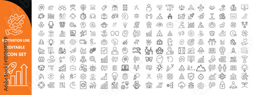 Motivation line editable icon set. Containing personal growth, goal setting, perseverance, achievement, teamwork, passion, thumbs up, and more. Vector illustration. 