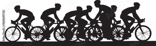 Five cyclists riding bicycles in a row as black silhouettes on a white background